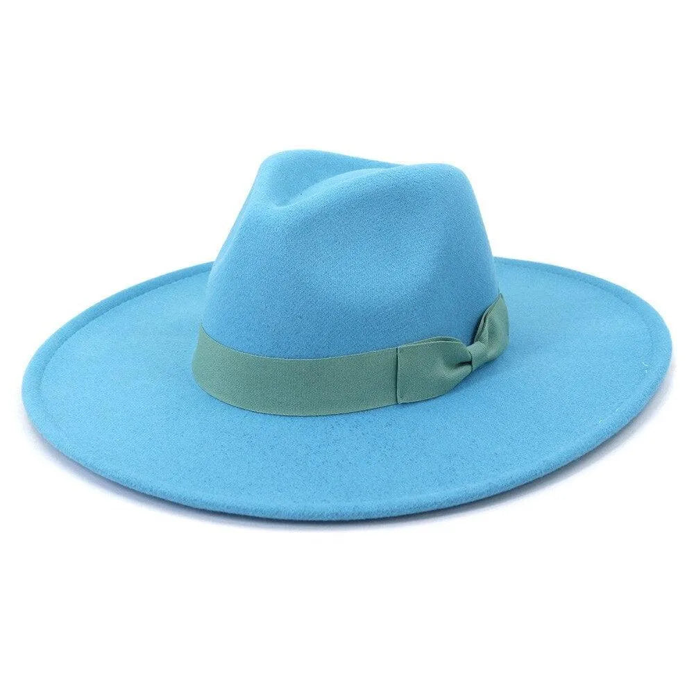 Blue wide-brim fedora hat with green ribbon, luxury accessory from GUOCALI Paris