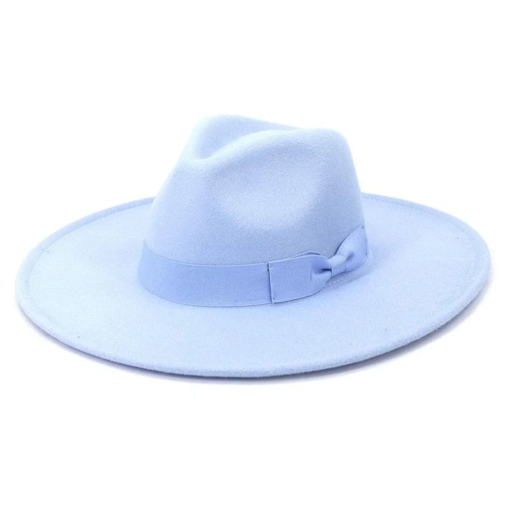 Light blue wide-brim retro fedora hat with ribbon, luxury accessory by GUOCALI Paris