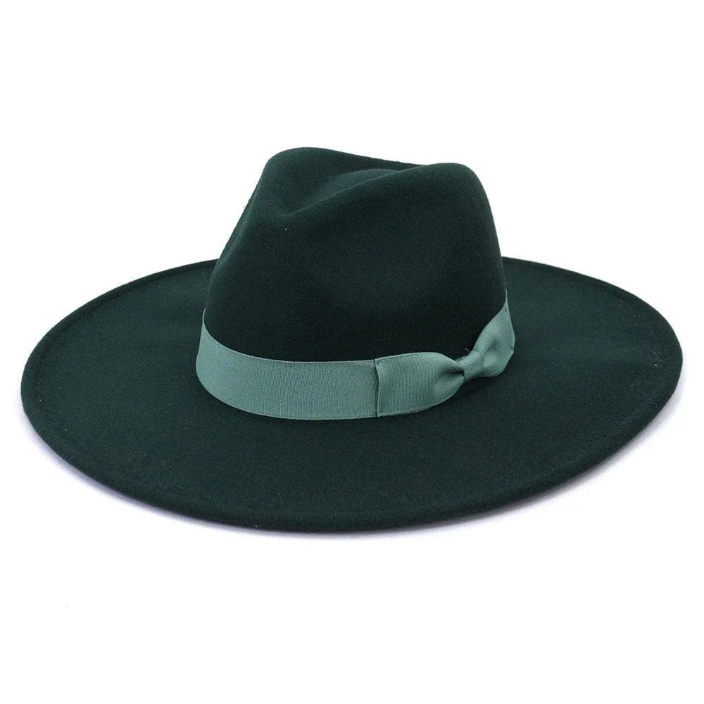 Wide-brimmed dark green retro fedora hat with light green band from GUOCALI.