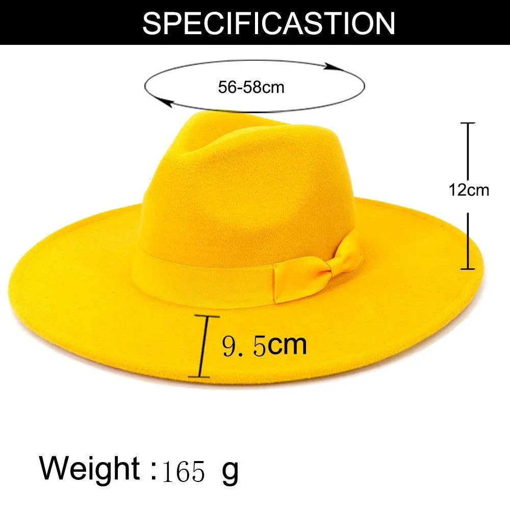 Yellow retro wide-brim fedora hat with bow, 56-58cm size, luxury GUOCALI fashion accessory