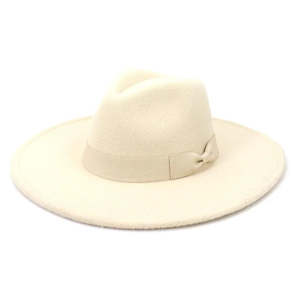 Cream wide brim retro fedora hat with matching ribbon band on white background