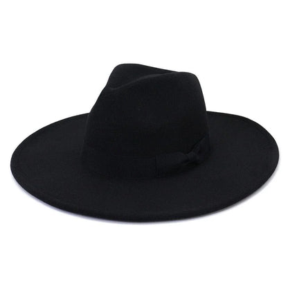 Black wide-brim retro fedora hat with ribbon band on white background