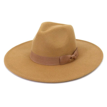 Wide brim retro fedora hat in light brown with matching ribbon band and bow