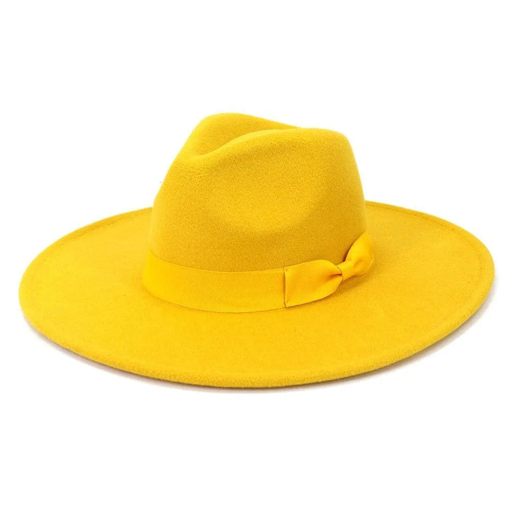Bright yellow wide-brim fedora hat with ribbon detail from GUOCALI luxury fashion