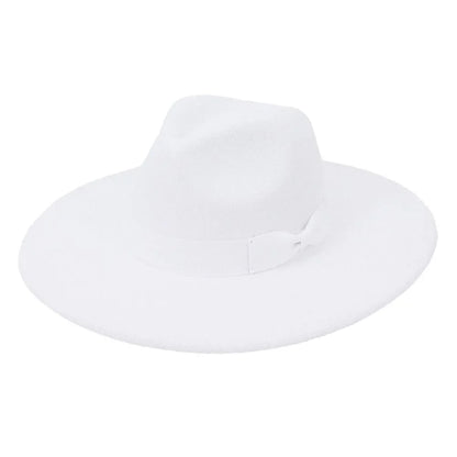 White wide brim retro fedora hat with classic ribbon, isolated on white background