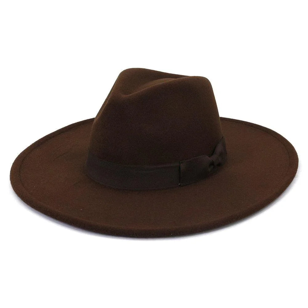 Wide brim brown retro fedora hat with ribbon band, classic vintage style fashion accessory