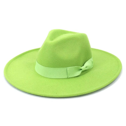 Lime green wide brim retro fedora hat with matching ribbon on white background