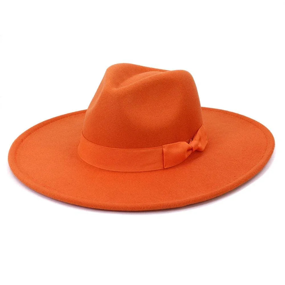 Wide-brim orange retro fedora hat with ribbon detail, GUOCALI luxury accessory