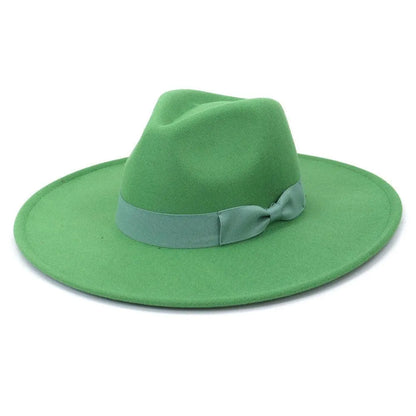 Green wide brim retro fedora hat with matching ribbon detail