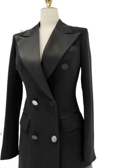 Black Blazer Dress, Satin Collar, Tuxedo Blazer -Guocali