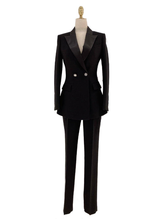 Black High-End Women Pant Suit - Slim Fit - Two Piece Tuxedo Pantsuit - Pantsuit - Guocali