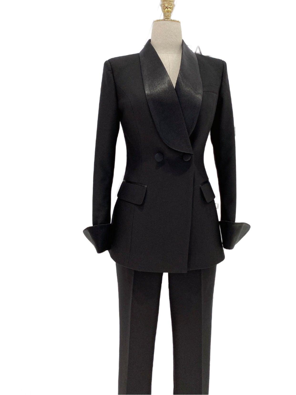 Black Tuxedo Suit - Women Shawl Collar Trouser Suit - Pantsuit - Guocali