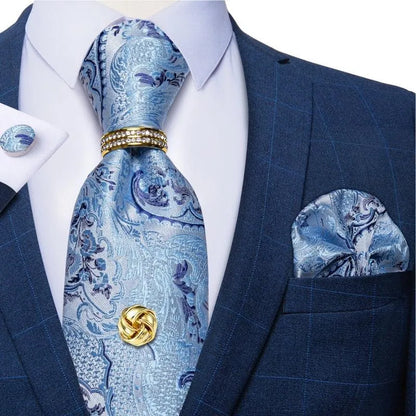 Blue Paisley Silk Necktie Set -Guocali