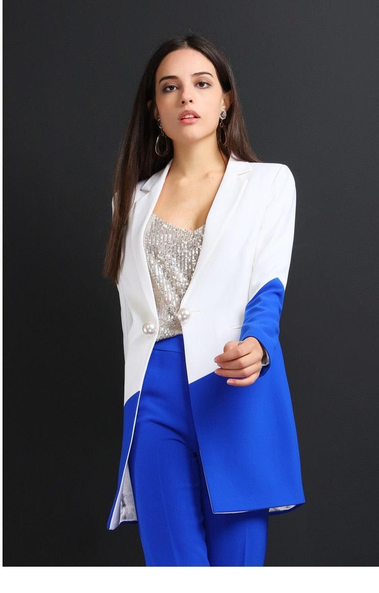 Blue-White Pantsuit With Long Blazer - Women Trouser Suits - Trouser Suit - Pantsuit - Guocali