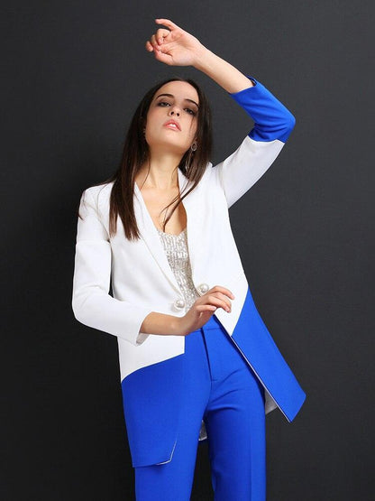 Blue-White Pantsuit With Long Blazer - Women Trouser Suits - Trouser Suit - Pantsuit - Guocali