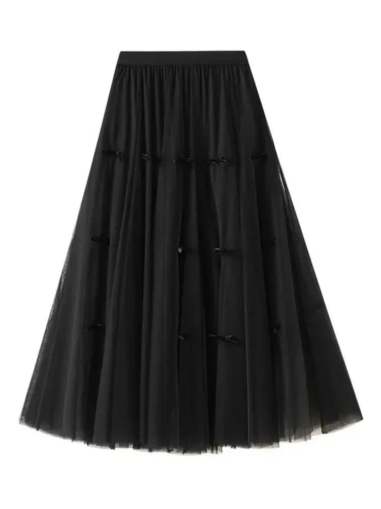 Bow Mesh Elastic A-Line Skirt -Guocali