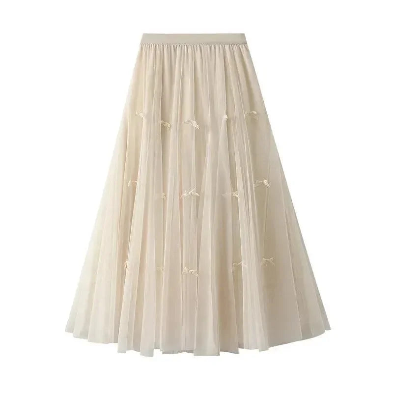 Bow Mesh Elastic A-Line Skirt -Guocali
