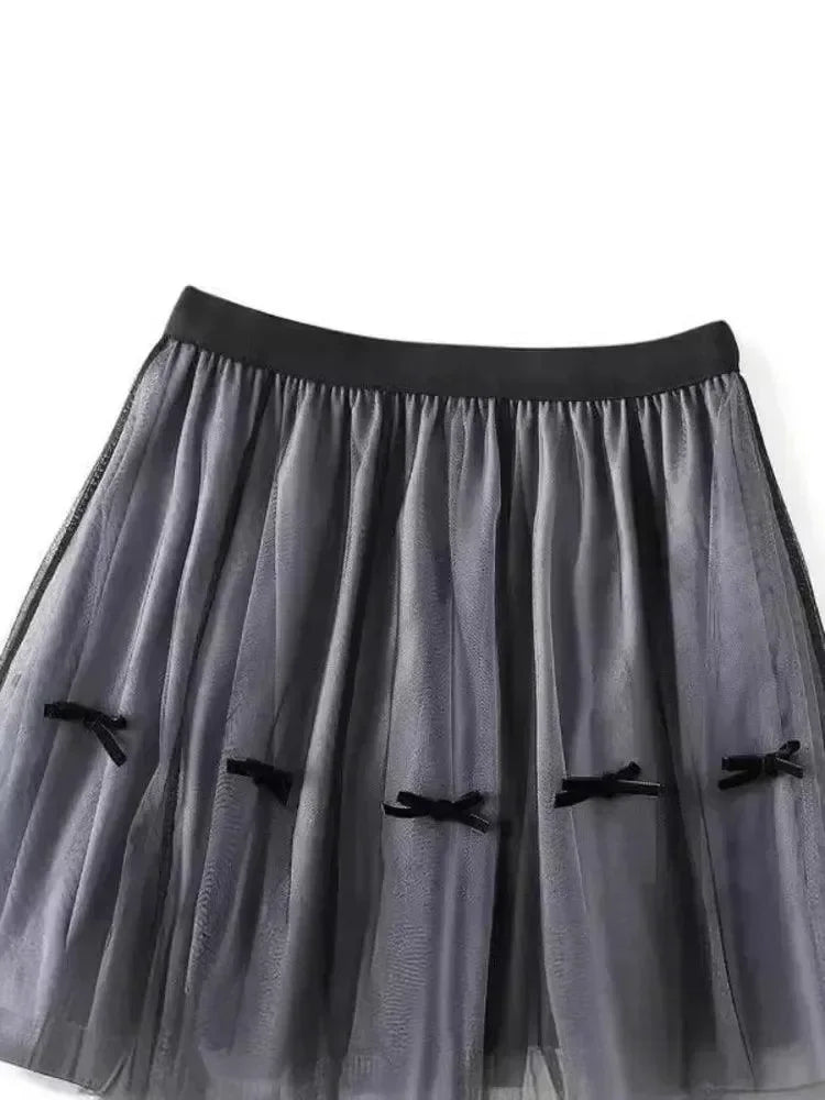 Bow Mesh Elastic A-Line Skirt -Guocali