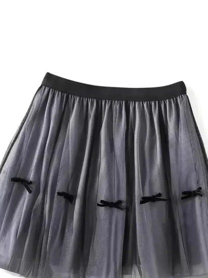 Bow Mesh Elastic A-Line Skirt -Guocali