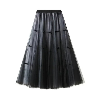Bow Mesh Elastic A-Line Skirt -Guocali