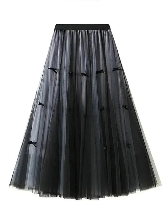 Bow Mesh Elastic A-Line Skirt -Guocali