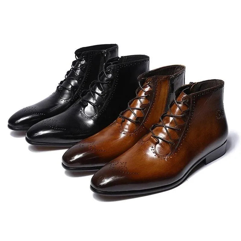 Men's black and brown leather lace-up formal ankle boots on white background