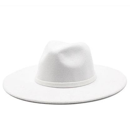 White British style fedora hat with wide brim on plain background