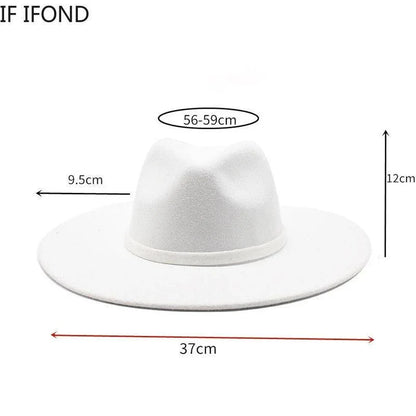 White British style fedora hat with dimensions, wide brim, and classic crown shape