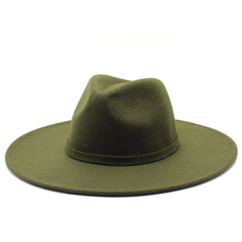 Olive green British style fedora hat with wide brim on white background