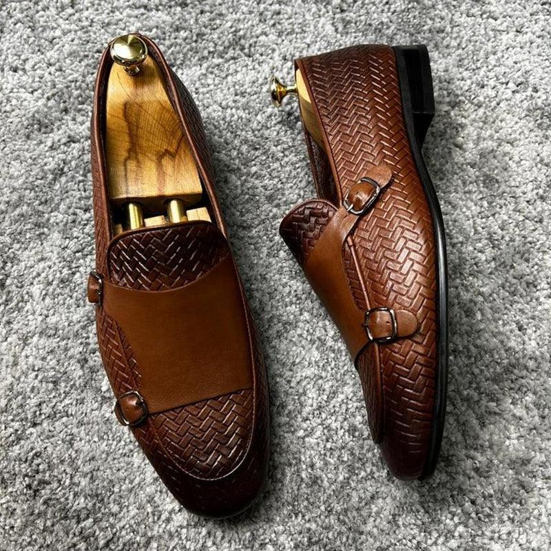 Brown Woven Monk Strap Loafers - Men Shoes - Loafer Shoes - Guocali