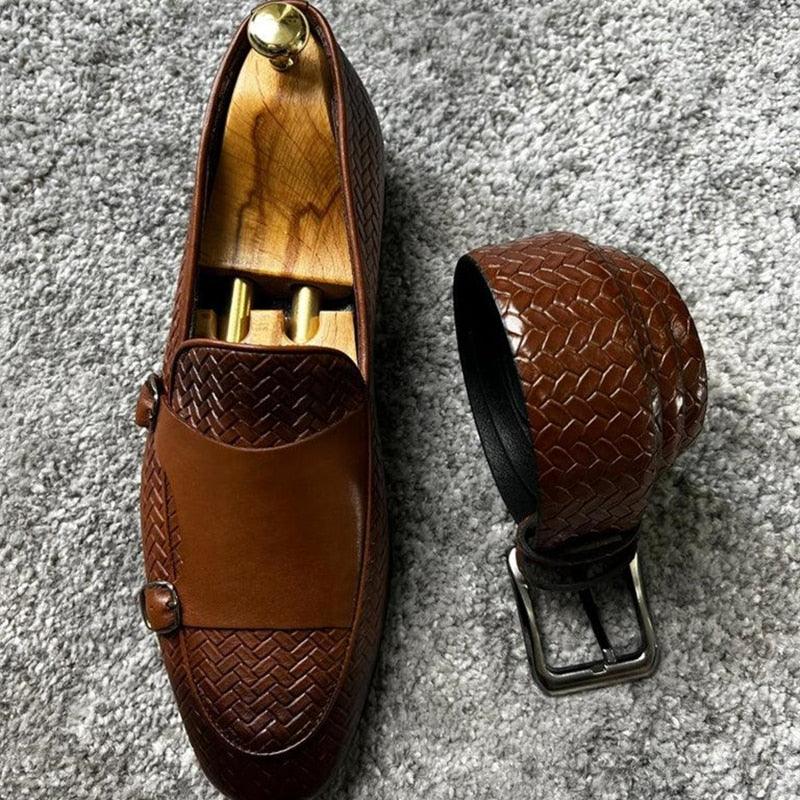 Brown Woven Monk Strap Loafers - Men Shoes - Loafer Shoes - Guocali