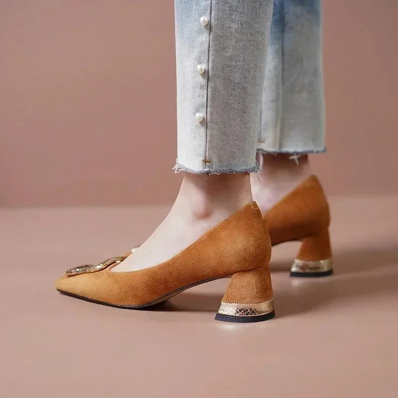 Buckle High Heel Leather Women Pumps -Guocali