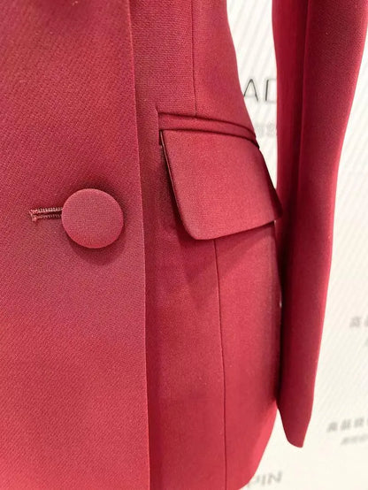 Burgundy Women Pant Suit - Double-Breasted Slim Fit Trouser Suit -Guocali