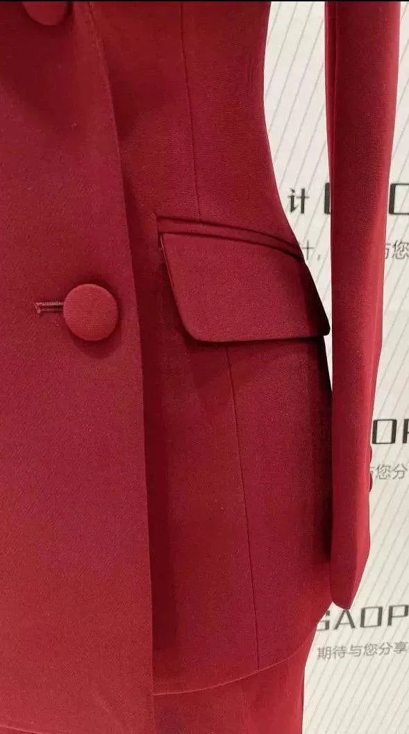 Burgundy Women Pant Suit - Double-Breasted Slim Fit Trouser Suit -Guocali