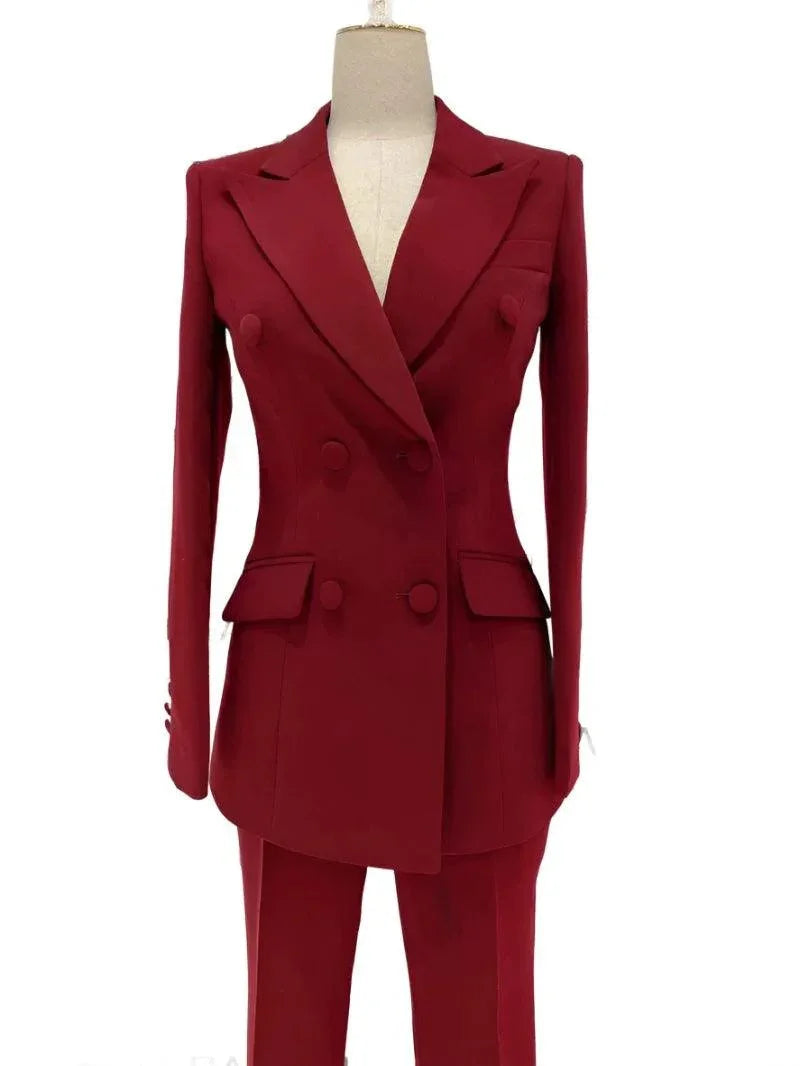 Burgundy Women Pant Suit - Double-Breasted Slim Fit Trouser Suit -Guocali