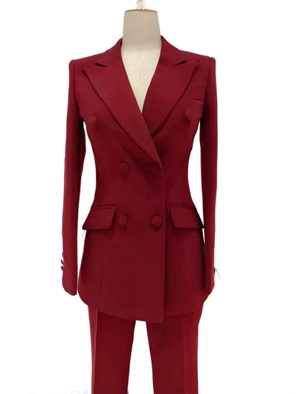 Burgundy Women Pant Suit - Double-Breasted Slim Fit Trouser Suit -Guocali