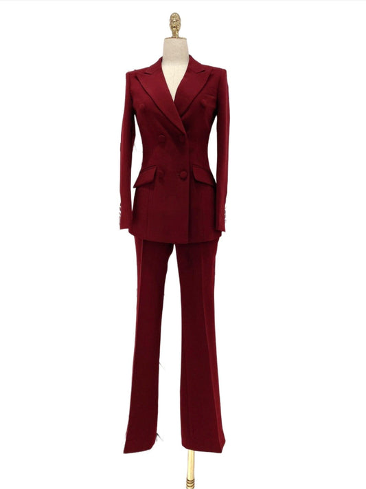 Burgundy Women Pant Suit - Double-Breasted Slim Fit Trouser Suit - Pantsuit - Guocali