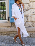 Button Front Shirt Dress – Long, Collar, Relaxed Slit Cut – Shirt Dress | GUOCALI – view 8