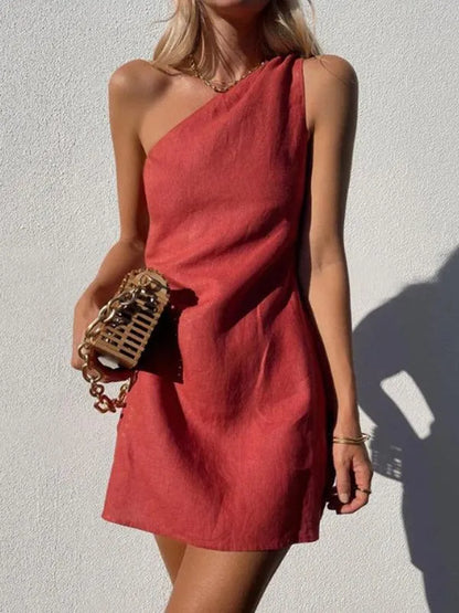 Casual Solid Color Slant Shoulder Dress -Guocali