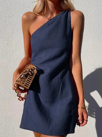 Casual Solid Color Slant Shoulder Dress -Guocali