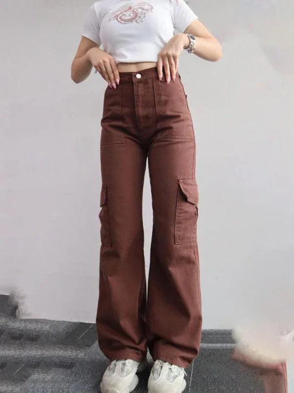 Casual Women Cargo Pants – Mid Rise Button Front -Guocali