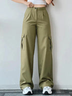 Casual Women Cargo Pants – Mid Rise Button Front -Guocali