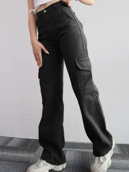 Casual Women Cargo Pants – Mid Rise Button Front -Guocali