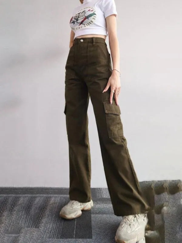 Casual Women Cargo Pants – Mid Rise Button Front -Guocali