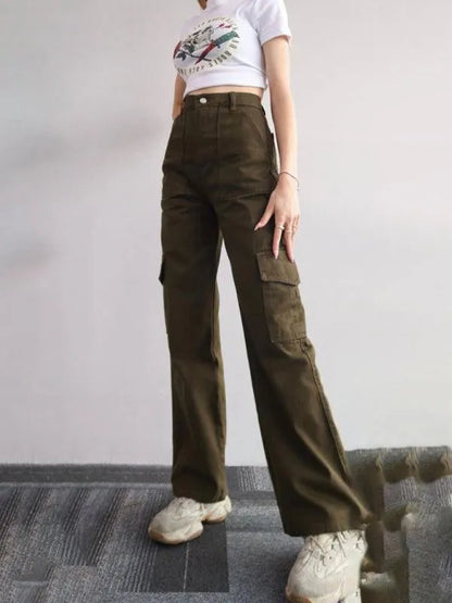 Casual Women Cargo Pants – Mid Rise Button Front -Guocali