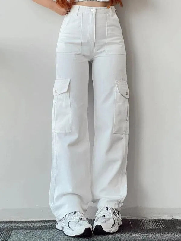 Casual Women Cargo Pants – Mid Rise Button Front -Guocali