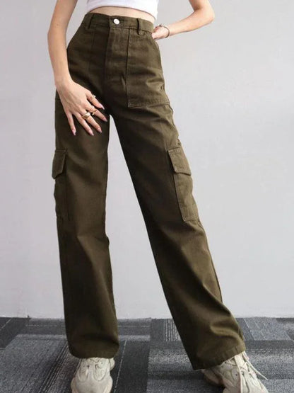 Casual Women Cargo Pants – Mid Rise Button Front -Guocali