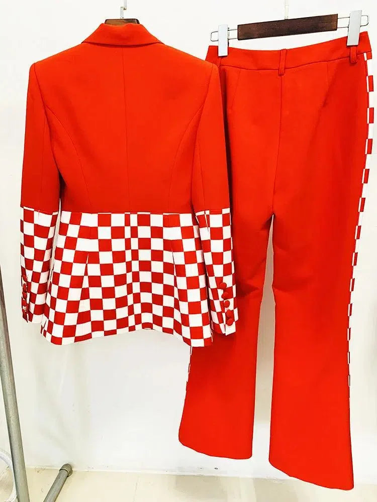 Checkered Block Blazer, Flare Pants Suit -Guocali