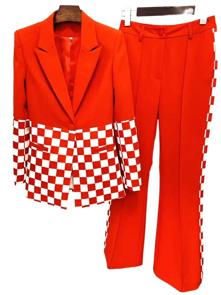 Checkered Block Blazer, Flare Pants Suit -Guocali