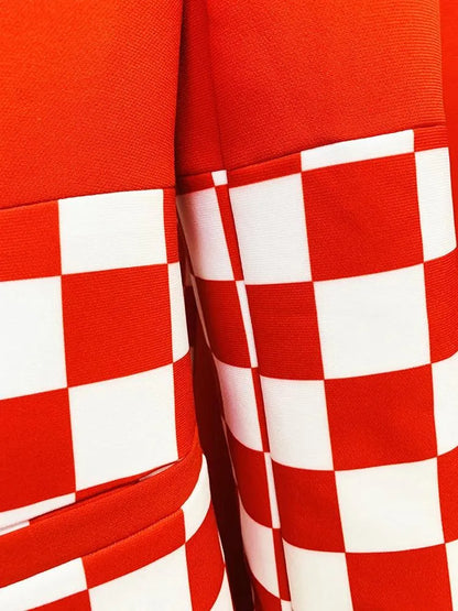 Checkered Block Blazer, Flare Pants Suit -Guocali